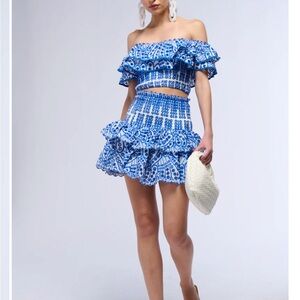 AKIRA Ruffle Crop eyelet Blouse and Tiered Ruffle Mini Skirt blue white medium